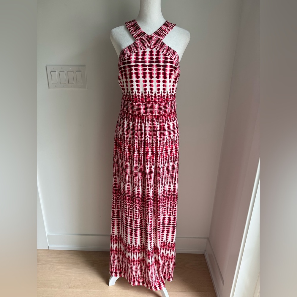WISP Soft Knit Maxi Leia Geometric Print Halter Burgundy and White Women’s Sz 6